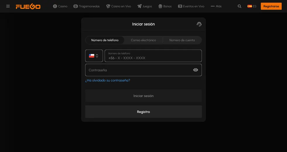 Pantalla de inicio de sesión de Fuego Casino con los campos de identificación y contraseña