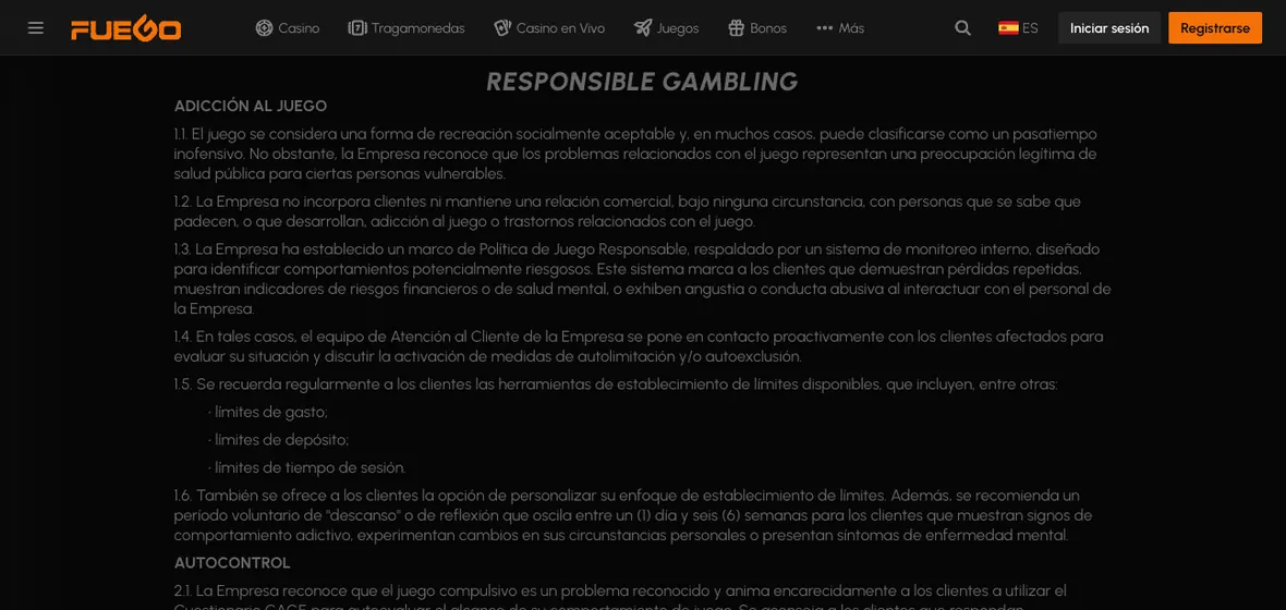 Política de juego responsable de Fuego Casino con las herramientas de límite, reflexión y autoexclusión