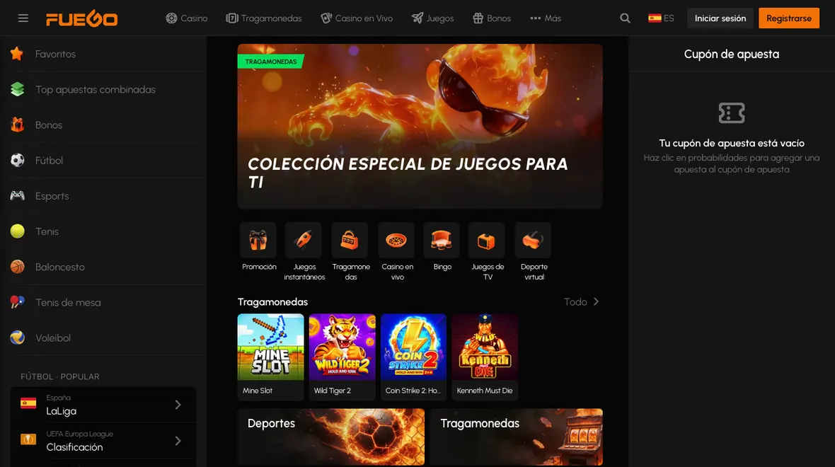 Lobby de deportes de Fuego Casino con las secciones de fútbol popular, esports, tenis y básquet