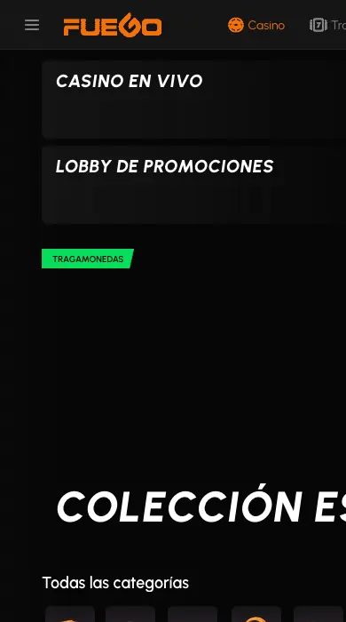 Lobby de Fuego Casino visto desde un celular, con las categorías y las portadas de juegos en columna